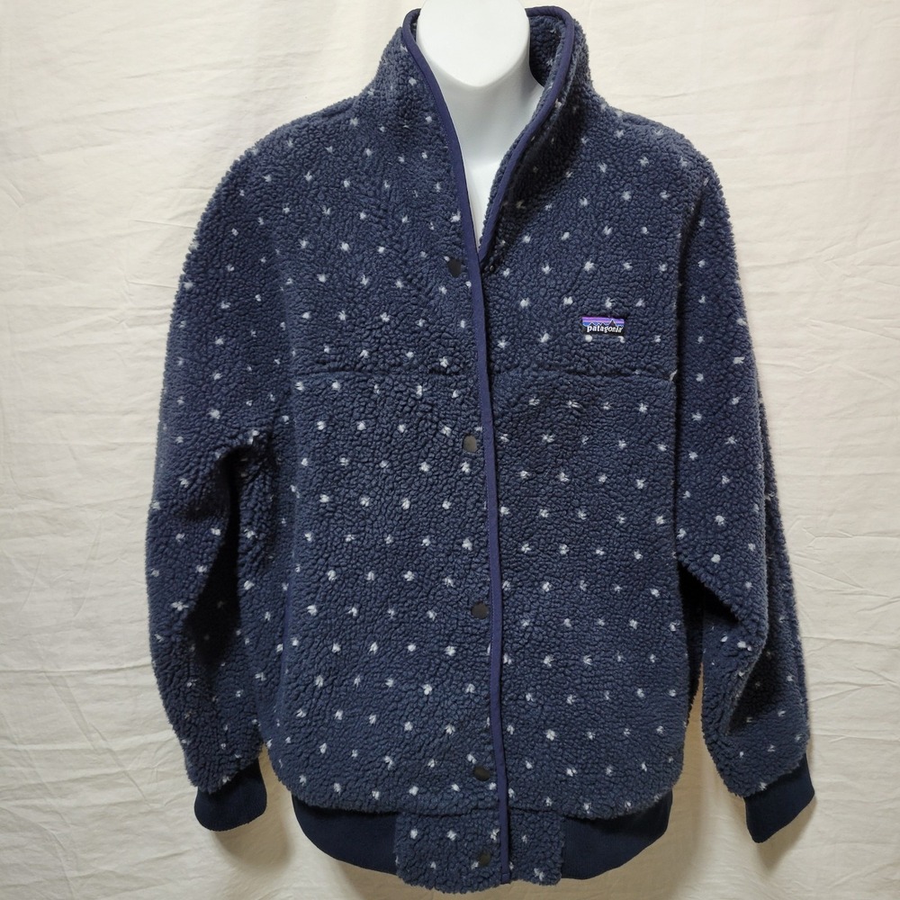 Patagonia Womens XL Snap Front Retro-X Pile Fleece Jacket Blue Polka Dot